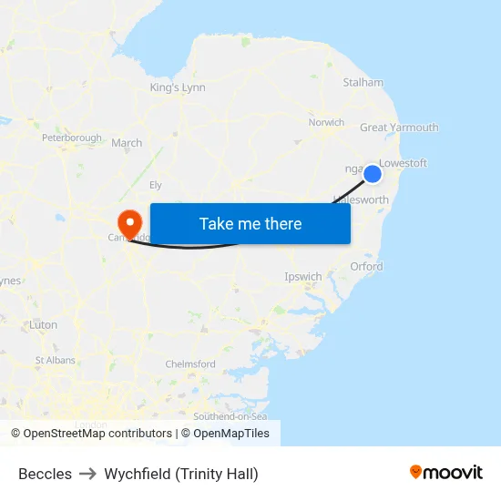 Beccles to Wychfield (Trinity Hall) map