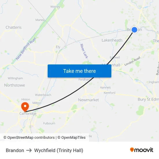 Brandon to Wychfield (Trinity Hall) map