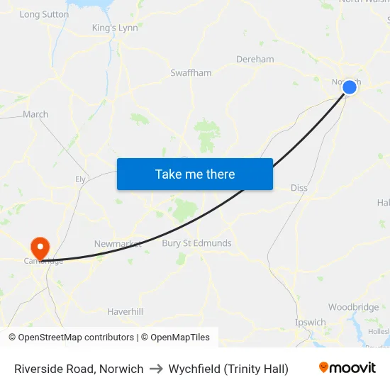 Riverside Road, Norwich to Wychfield (Trinity Hall) map
