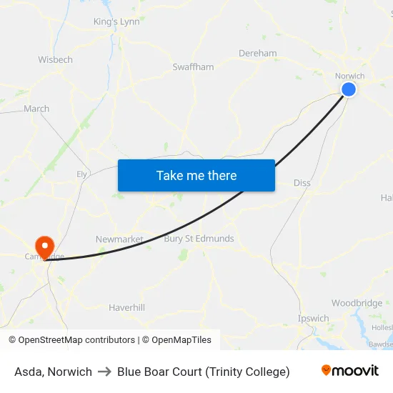 Asda, Norwich to Blue Boar Court (Trinity College) map