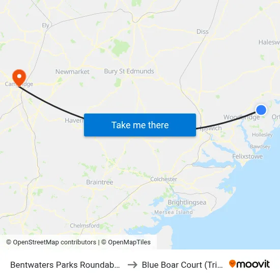 Bentwaters Parks Roundabout, Rendlesham to Blue Boar Court (Trinity College) map