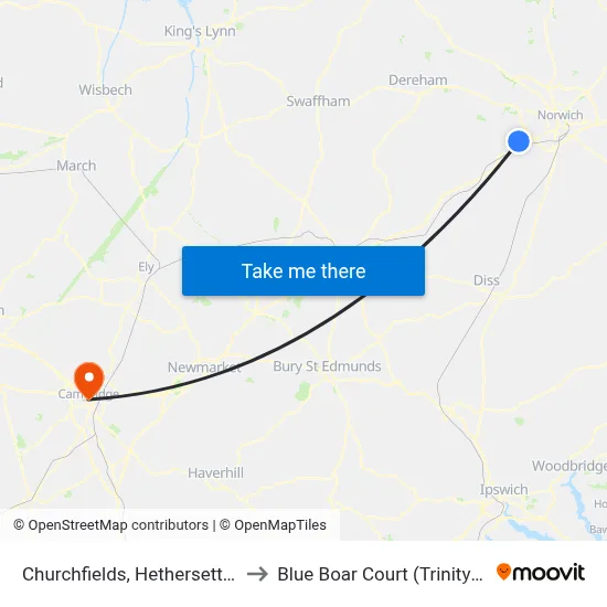 Churchfields, Hethersett (Village) to Blue Boar Court (Trinity College) map