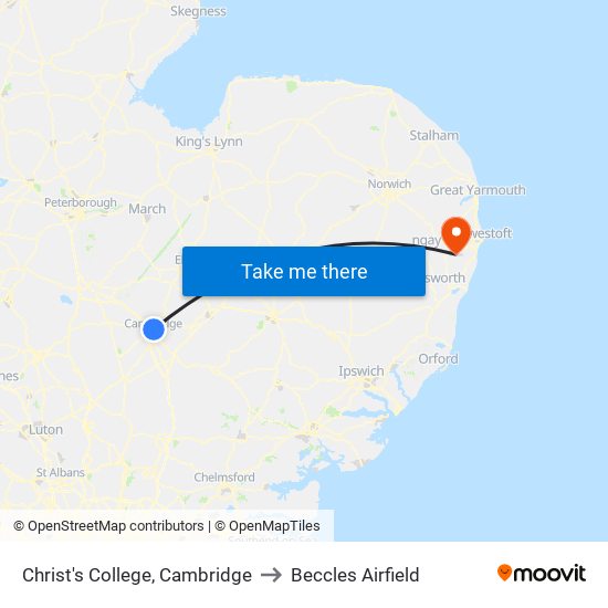 Christ's College, Cambridge to Beccles Airfield map