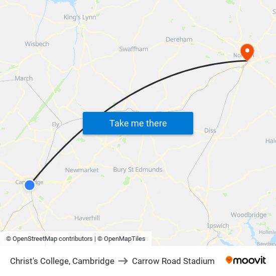 Christ's College, Cambridge to Carrow Road Stadium map