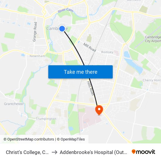 Christ's College, Cambridge to Addenbrooke's Hospital (Outpatients Block) map