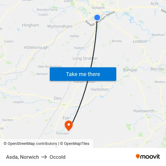 Asda, Norwich to Occold map