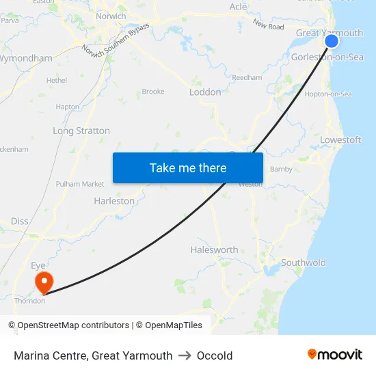 Marina Centre, Great Yarmouth to Occold map