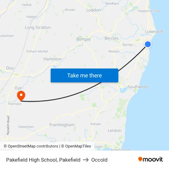 Pakefield High School, Pakefield to Occold map