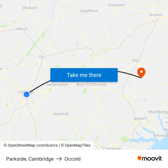 Parkside, Cambridge to Occold map