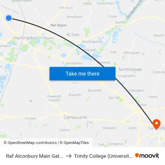 Raf Alconbury Main Gate, Little Stukeley to Trinity College (University Of Cambridge) map
