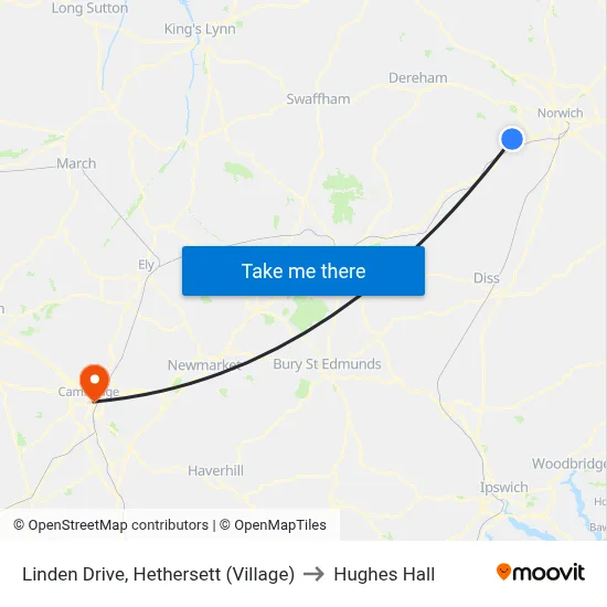 Linden Drive, Hethersett (Village) to Hughes Hall map