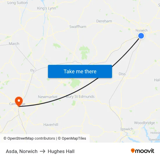 Asda, Norwich to Hughes Hall map