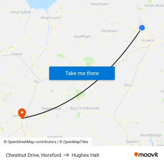 Chestnut Drive, Horsford to Hughes Hall map