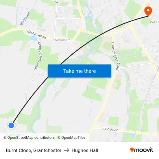 Burnt Close, Grantchester to Hughes Hall map
