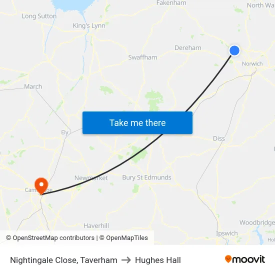 Nightingale Close, Taverham to Hughes Hall map
