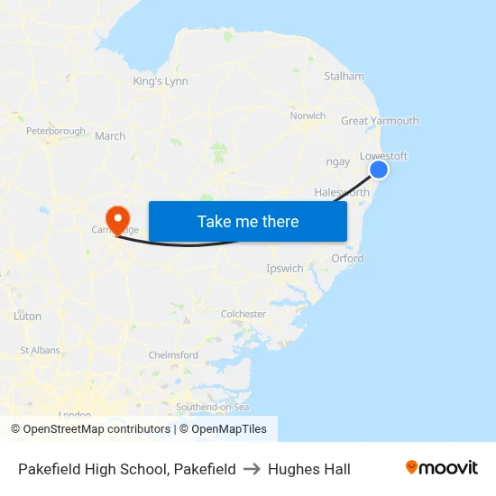 Pakefield High School, Pakefield to Hughes Hall map