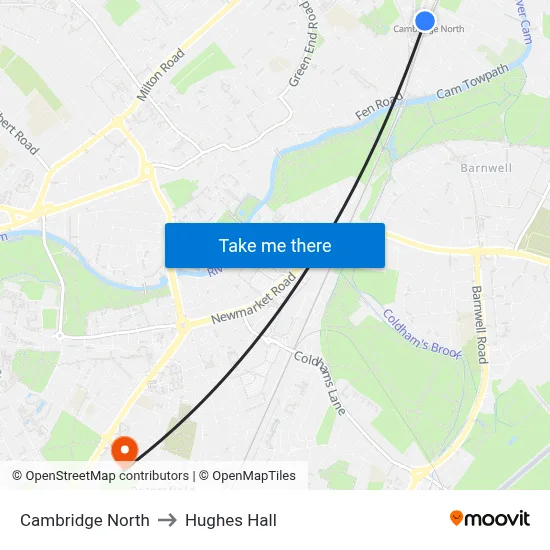 Cambridge North to Hughes Hall map