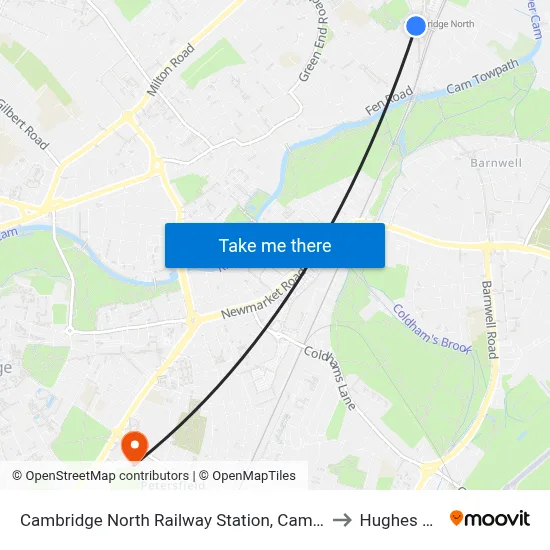 Cambridge North Railway Station, Cambridge to Hughes Hall map