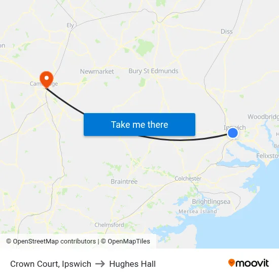 Crown Court, Ipswich to Hughes Hall map