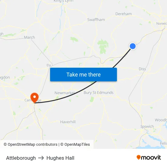 Attleborough to Hughes Hall map