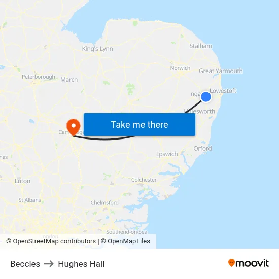 Beccles to Hughes Hall map