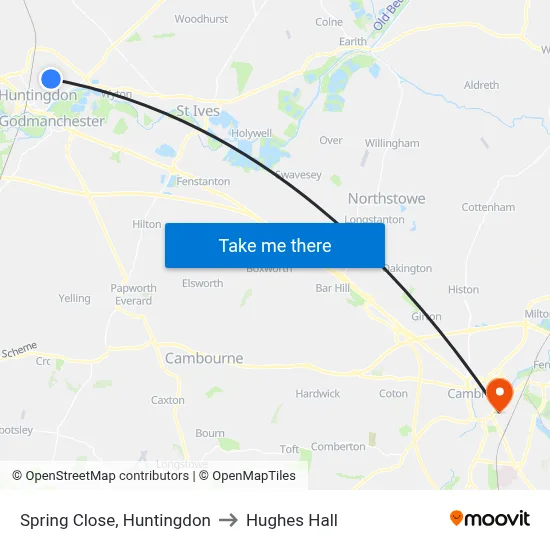 Spring Close, Huntingdon to Hughes Hall map