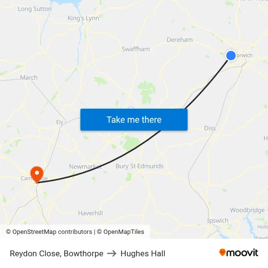 Reydon Close, Bowthorpe to Hughes Hall map