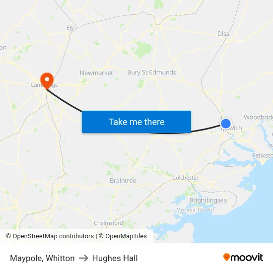 Maypole, Whitton to Hughes Hall map