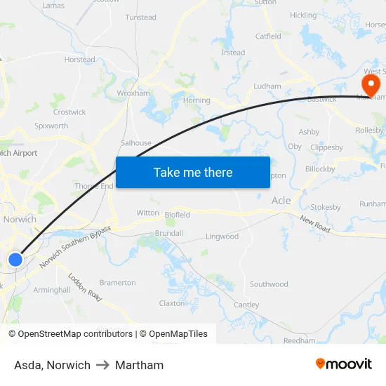 Asda, Norwich to Martham map