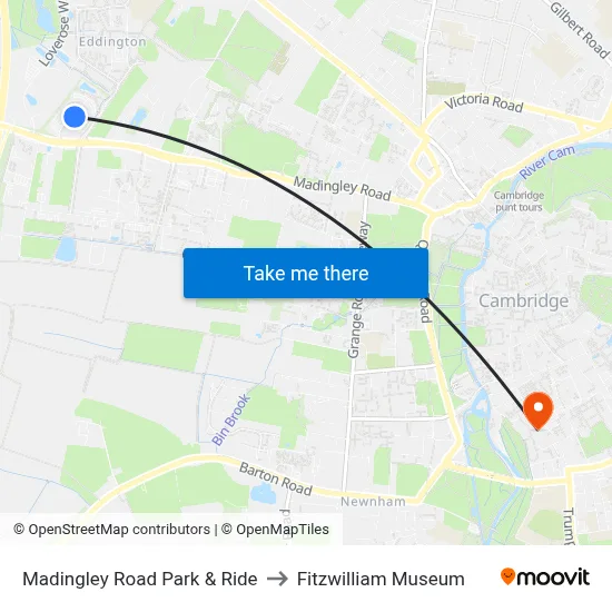 Madingley Road Park & Ride to Fitzwilliam Museum map