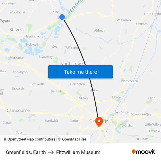 Greenfields, Earith to Fitzwilliam Museum map