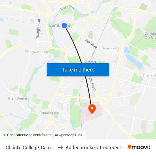 Christ's College, Cambridge to Addenbrooke's Treatment Centre map