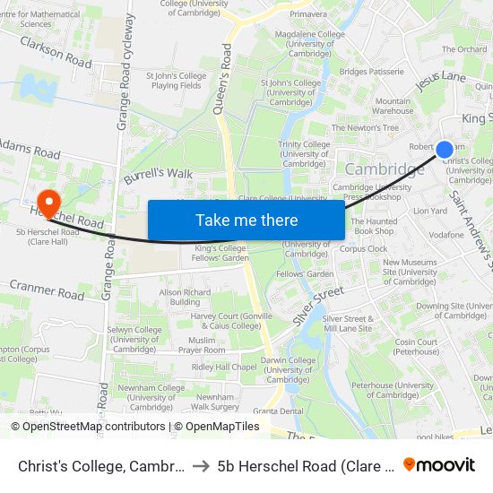 Christ's College, Cambridge to 5b Herschel Road (Clare Hall) map