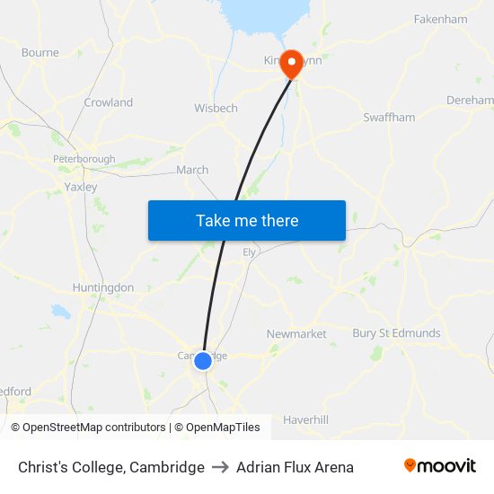 Christ's College, Cambridge to Adrian Flux Arena map