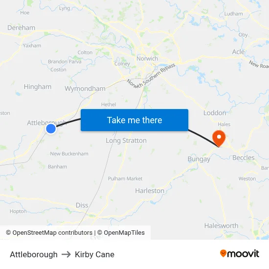 Attleborough to Kirby Cane map
