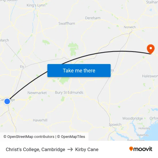 Christ's College, Cambridge to Kirby Cane map