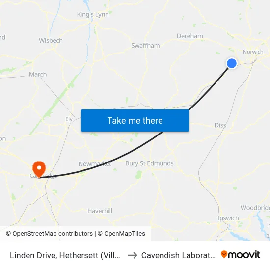 Linden Drive, Hethersett (Village) to Cavendish Laboratory map