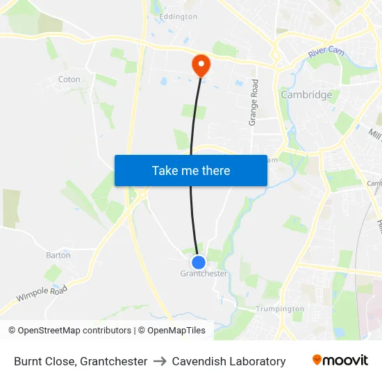 Burnt Close, Grantchester to Cavendish Laboratory map