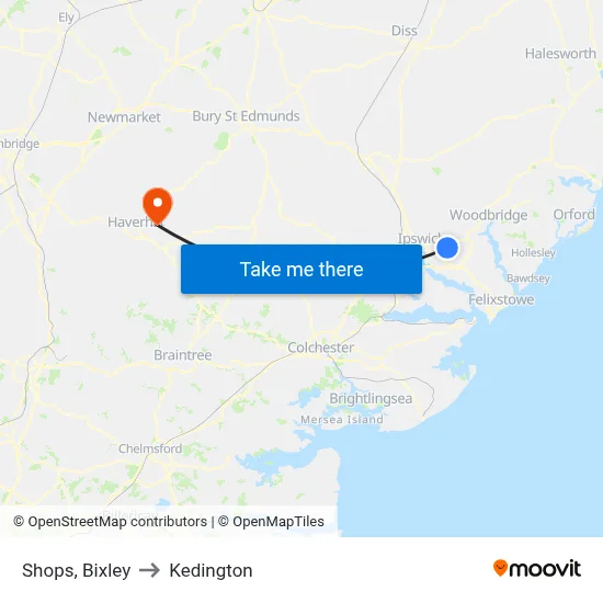 Shops, Bixley to Kedington map