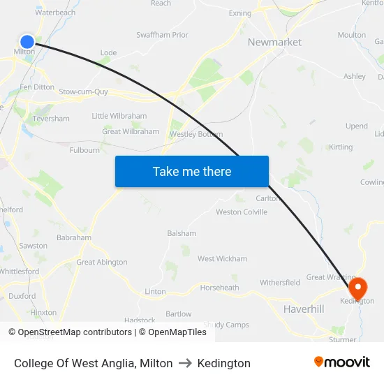 College Of West Anglia, Milton to Kedington map
