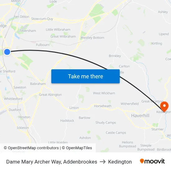 Dame Mary Archer Way, Addenbrookes to Kedington map