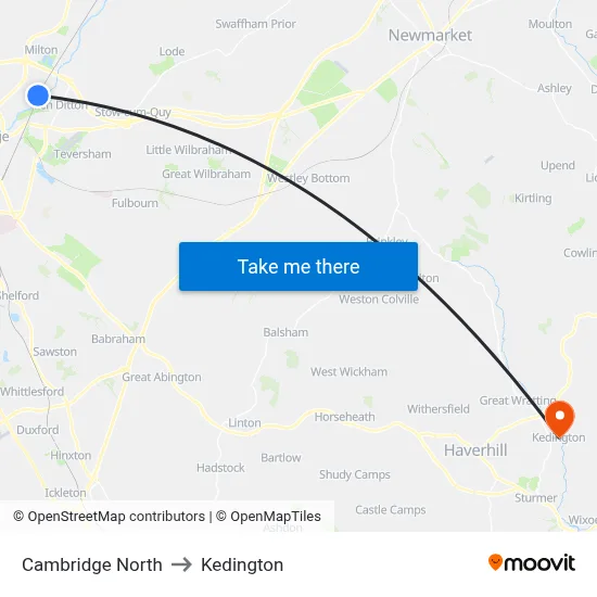Cambridge North to Kedington map