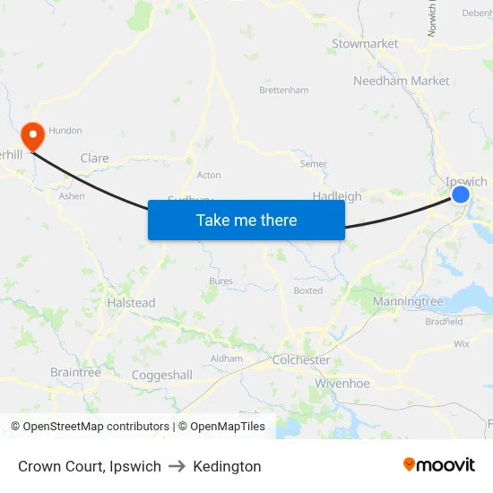 Crown Court, Ipswich to Kedington map