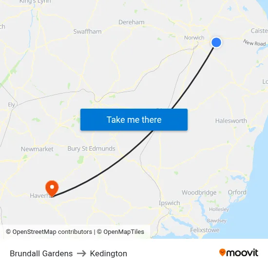 Brundall Gardens to Kedington map