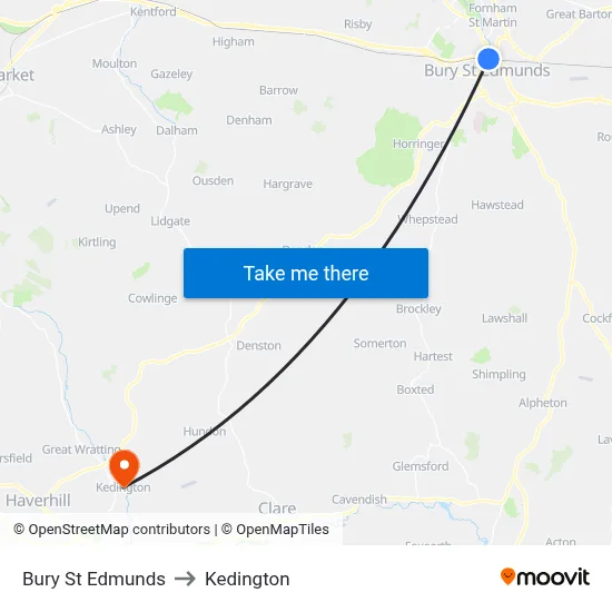 Bury St Edmunds to Kedington map