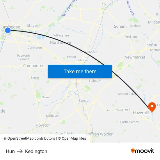 Hun to Kedington map