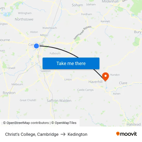Christ's College, Cambridge to Kedington map