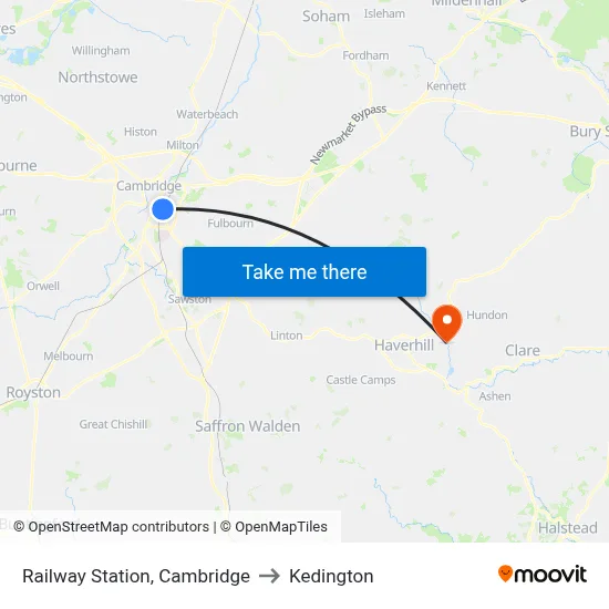 Railway Station, Cambridge to Kedington map