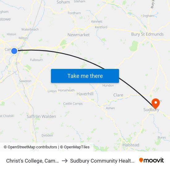 Christ's College, Cambridge to Sudbury Community Health Centre map