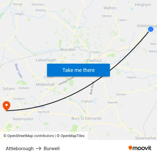 Attleborough to Burwell map